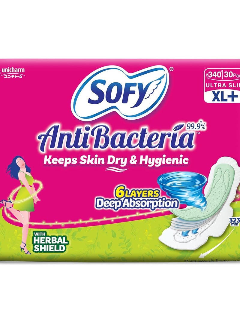 Sofy Sofy Anti-Bacteria Sanitary Pads (XL+ Size - 323 mm) 30 Pads - 6 layer deep absorption & Herbal Shield for Bacterial Protection, Soft on skin with comfy dry top sheet (Pack of 1) - Image 1
