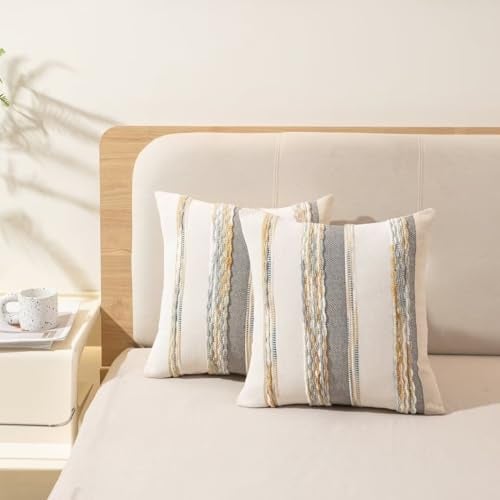 WANLIRD Boho Throw Pillow Covers 18x18 Set of 2 Farmhouse Decorative Cushion Case Striped Square Pillows Cover Chenille Pillow Cases Accent Neutral Pillowcase for Sofa Couch Bed,Orange-Gray - Image 5