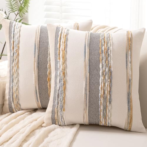 WANLIRD Boho Throw Pillow Covers 18x18 Set of 2 Farmhouse Decorative Cushion Case Striped Square Pillows Cover Chenille Pillow Cases Accent Neutral Pillowcase for Sofa Couch Bed,Orange-Gray - Image 1