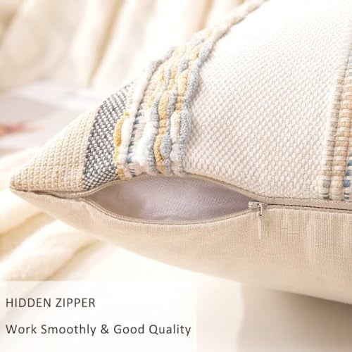 WANLIRD Boho Throw Pillow Covers 18x18 Set of 2 Farmhouse Decorative Cushion Case Striped Square Pillows Cover Chenille Pillow Cases Accent Neutral Pillowcase for Sofa Couch Bed,Orange-Gray - Image 3