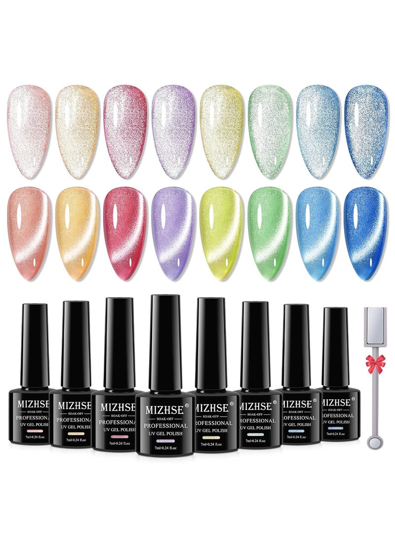 MIZHSE - MIZHSE Cat Eye Gel Nail Polish: 8 Colors Smoothie Magnetic Gel Polish Kit with Magnet Stick, Shimmery Glitter Neon Colors Green Yellow Blue Soak Off Nail Art Salon Home Manicure Women Gift - Image 1