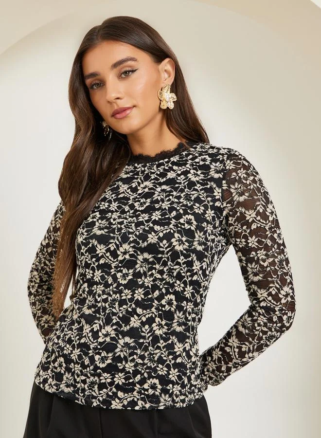 Styli Black Black Lace Long Sleeve Blouse for Women | Best Price UAE