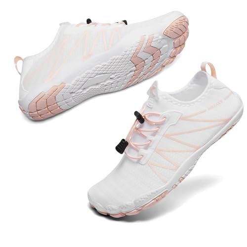 HIITAVE Water Shoes for Women Pool Aqua Shoes Slip On Beach Swim Surf Barefoots Fishing Quick-Dry Lightweight White/Pink 7.5 M US Women - Image 1