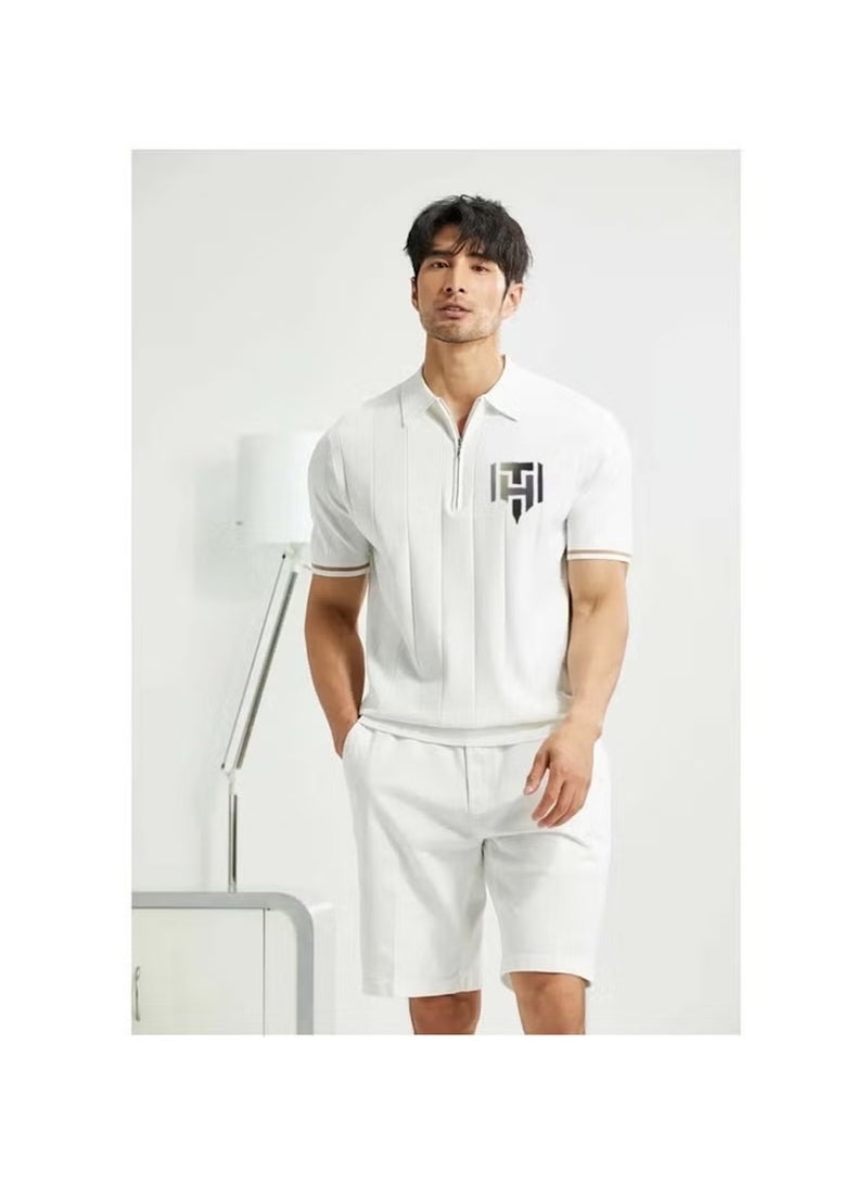 Huitich Men’s Half-Zip Summer Polo Shirt – Ribbed Texture, Short Sleeve – White | M  - Image 3