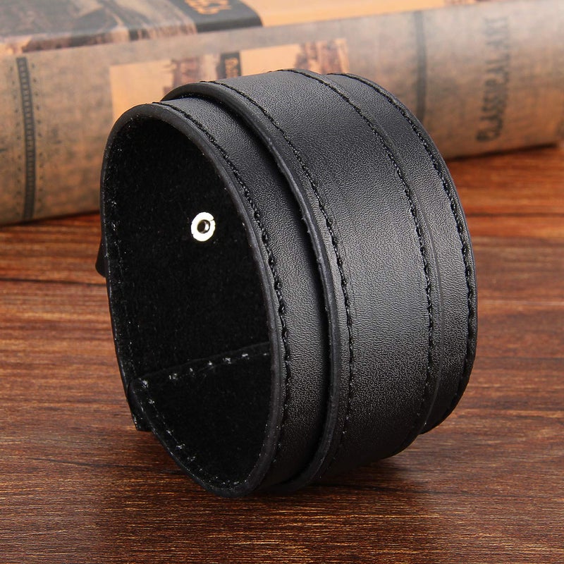 Avaner Wide Leather Cuff Bracelet, Punk Leather Bangle Wrap, Gothic Rock Biker Wristband Strap Black - Image 5