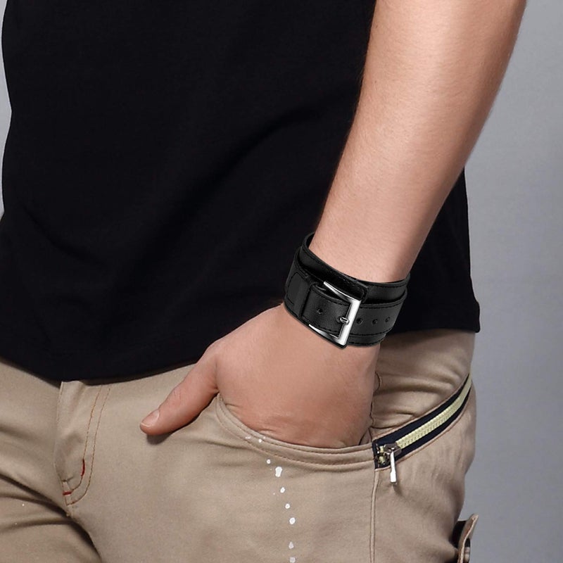Avaner Wide Leather Cuff Bracelet, Punk Leather Bangle Wrap, Gothic Rock Biker Wristband Strap Black - Image 2
