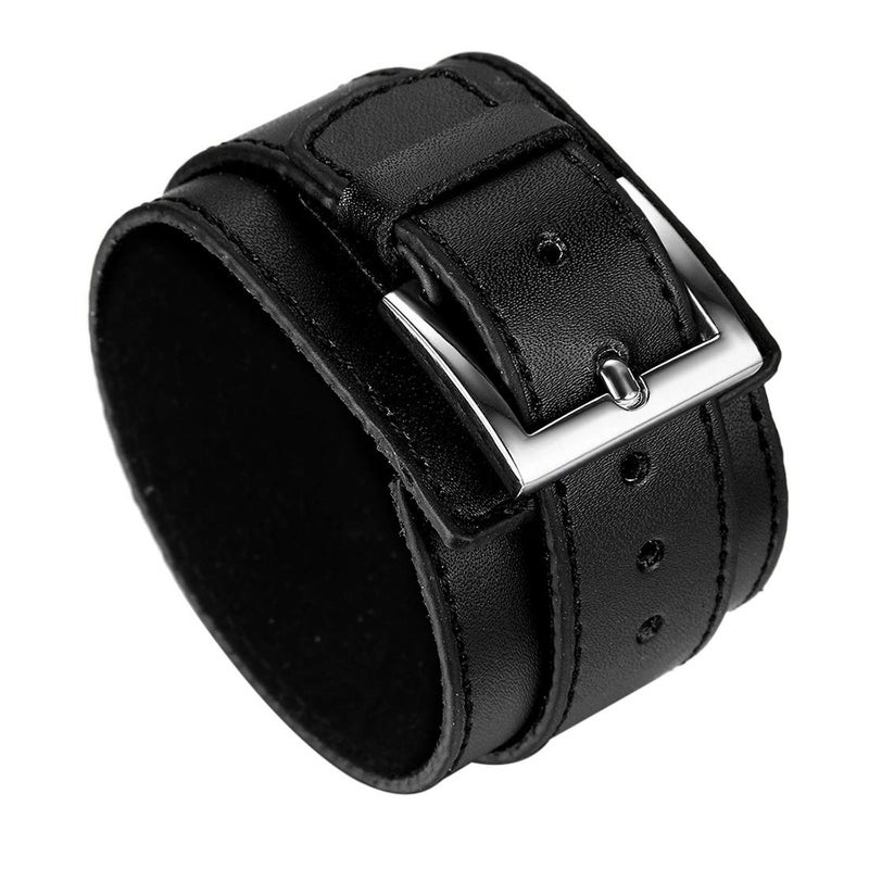 Avaner Wide Leather Cuff Bracelet, Punk Leather Bangle Wrap, Gothic Rock Biker Wristband Strap Black - Image 1