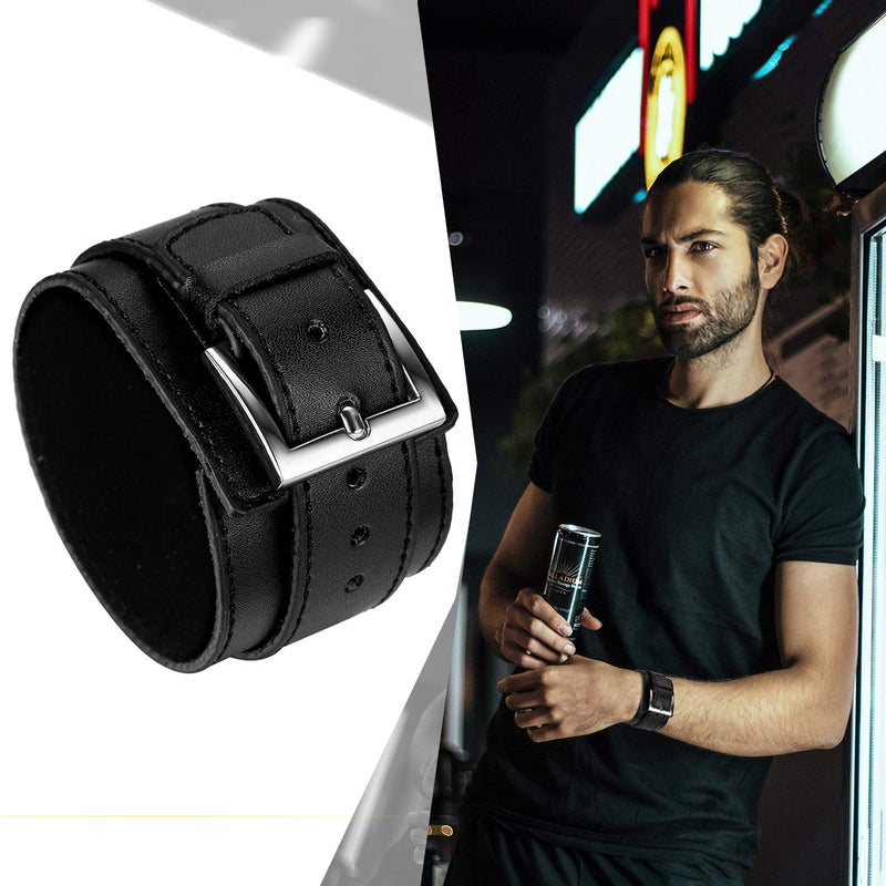 Avaner Wide Leather Cuff Bracelet, Punk Leather Bangle Wrap, Gothic Rock Biker Wristband Strap Black - Image 3