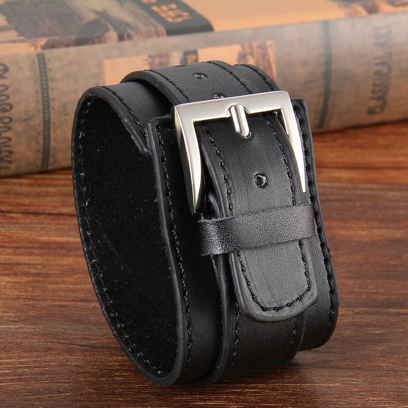 Avaner Wide Leather Cuff Bracelet, Punk Leather Bangle Wrap, Gothic Rock Biker Wristband Strap Black - Image 4