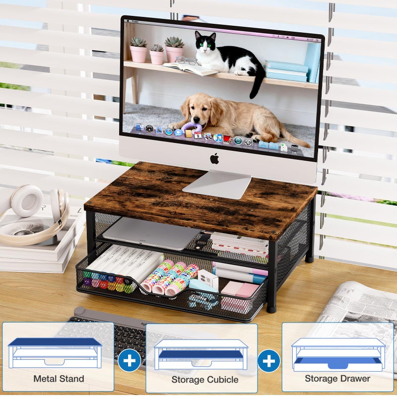 OPNICE Wood Computer Monitor Stand Riser, Desk Organizer with Drawer, Laptop Stand, Office Desk Accessories & Workspace Desktop Organizers Storage for Office Supplies(Brown) - Image 3