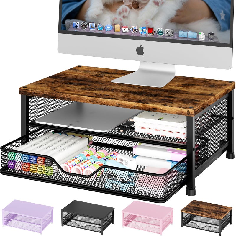 OPNICE Wood Computer Monitor Stand Riser, Desk Organizer with Drawer, Laptop Stand, Office Desk Accessories & Workspace Desktop Organizers Storage for Office Supplies(Brown) - Image 1