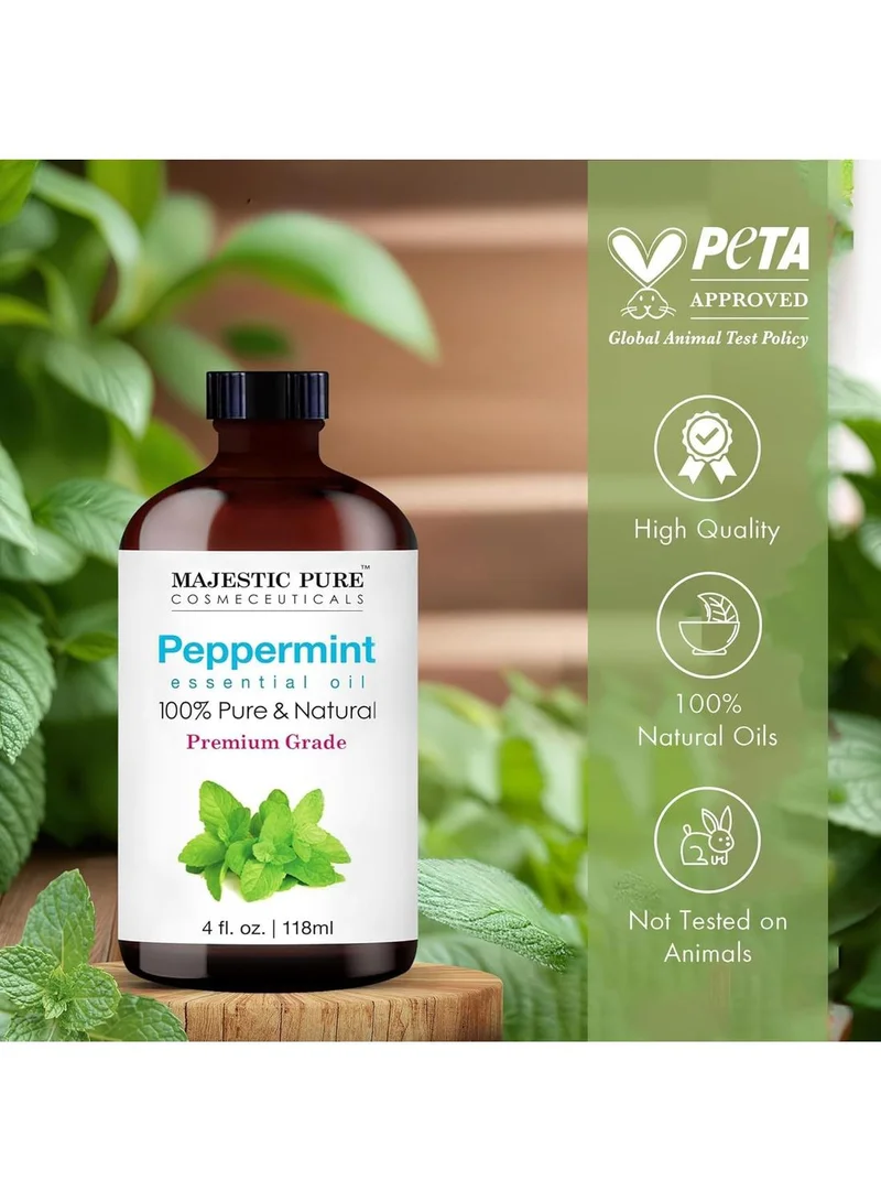 Majestic Pure Fresh Peppermint Essential Oil | 118 ml | 100% Pure and Natural Peppermint Oil | Premium Grade Essential Oils for Hair Care, Home Diffusers, Skin, Aromatherapy, Massage and Humidifiers | 100% Natural Essentials Oils for Aromatherapy, Massage, Steam inhalation, Air Freshing, Soap and Candle Making  | Best Price UAE