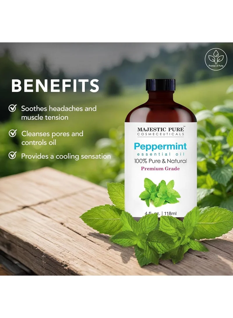 Majestic Pure Fresh Peppermint Essential Oil | 118 ml | 100% Pure and Natural Peppermint Oil | Premium Grade Essential Oils for Hair Care, Home Diffusers, Skin, Aromatherapy, Massage and Humidifiers | 100% Natural Essentials Oils for Aromatherapy, Massage, Steam inhalation, Air Freshing, Soap and Candle Making  | Best Price UAE