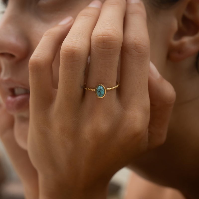 Made by Nami Gold Circle Rings for Women Adjustable Gold Plated Open Rings for Women (Oval Turquoise Gemstone) - Image 2