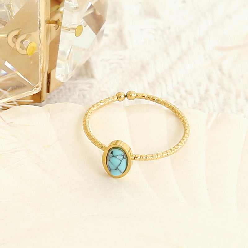 Made by Nami Gold Circle Rings for Women Adjustable Gold Plated Open Rings for Women (Oval Turquoise Gemstone) - Image 5