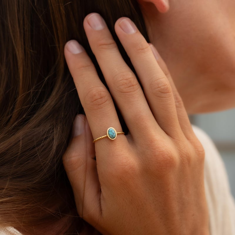 Made by Nami Gold Circle Rings for Women Adjustable Gold Plated Open Rings for Women (Oval Turquoise Gemstone) - Image 3