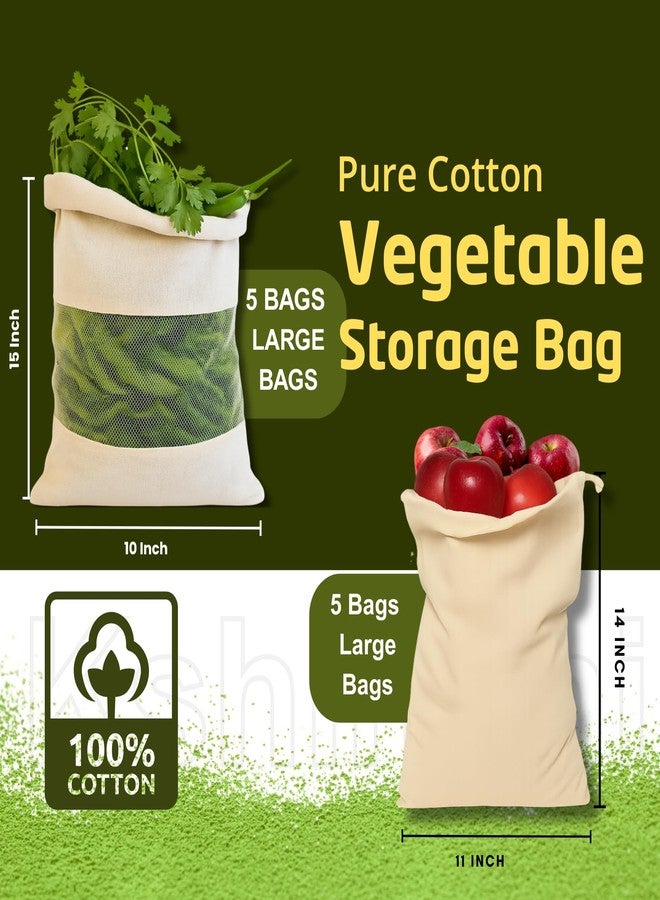 Kitdao Cotton 10 Vegetable Bags Fridge Storage Bag Sabji Fruits Pouch Refrigerator Produce bags Clothe Muslin Reusable Washable with Drawstrings 5Medium+5 Large Bag - Image 2