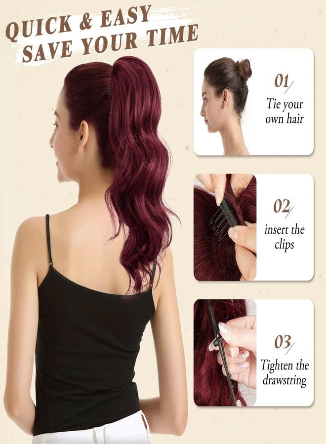 بارسدار وصلة شعر ذيل حصان من بارسدار، لون أحمر بورغندي - وصلات شعر ذيل حصان مموجة برباط، طولها 16 بوصة، للنساء - قطع شعر ذيل حصان صناعية كثيفة المظهر بمشبك - لون بورغندي - Image 5