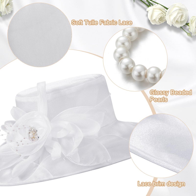 Aurelema 5 Pcs Derby Fascinator Hat Gloves Set for Women Tea Party with Pearl Necklace Bracelet and Earring(White,Lace) - Image 3
