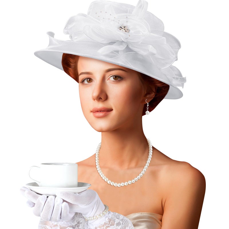 Aurelema 5 Pcs Derby Fascinator Hat Gloves Set for Women Tea Party with Pearl Necklace Bracelet and Earring(White,Lace) - Image 5