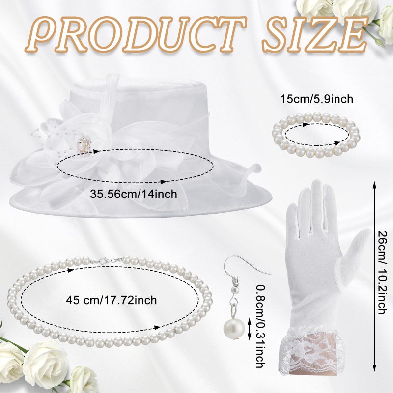 Aurelema 5 Pcs Derby Fascinator Hat Gloves Set for Women Tea Party with Pearl Necklace Bracelet and Earring(White,Lace) - Image 2