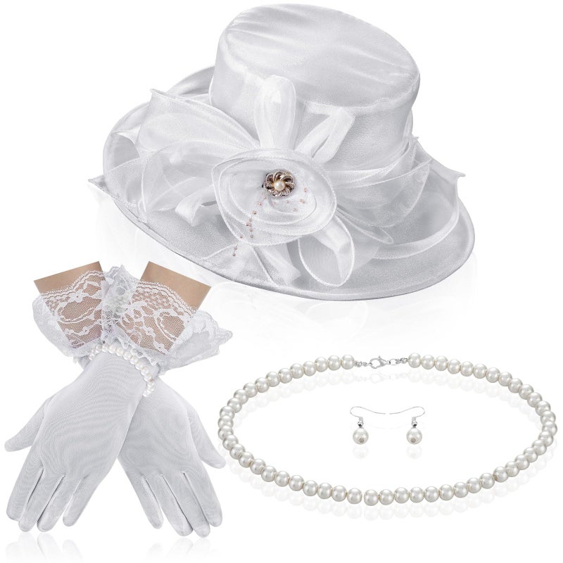 Aurelema 5 Pcs Derby Fascinator Hat Gloves Set for Women Tea Party with Pearl Necklace Bracelet and Earring(White,Lace) - Image 1