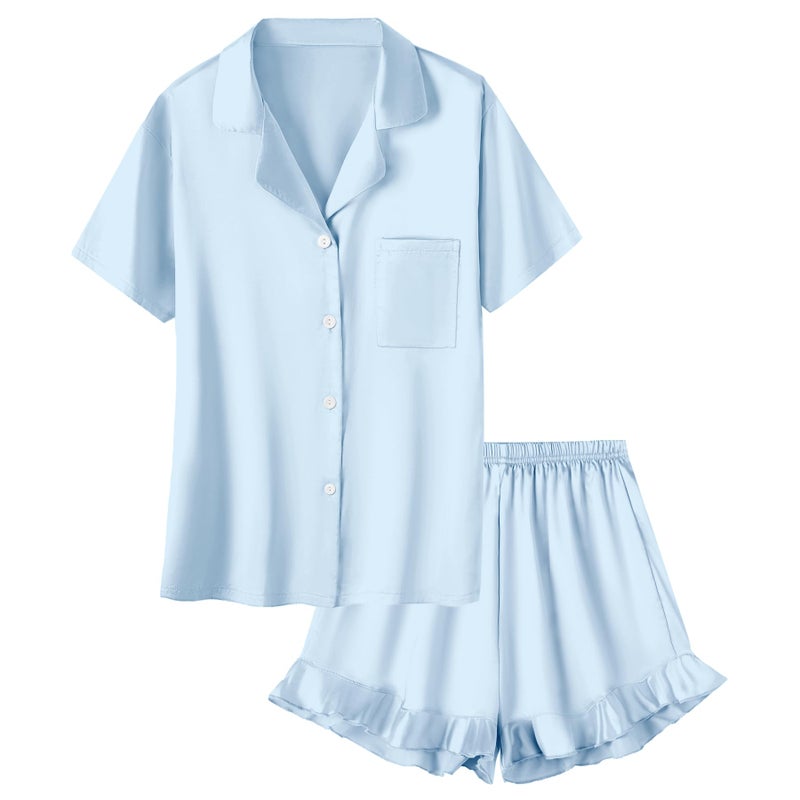 Umeyda Girls Satin Silky Collar V Neck Ruffle Short Sleeve Top and Shorts Pajamas Set, Blue, 13-14 Years - Image 1