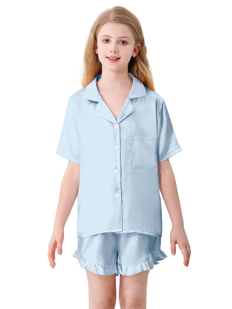 Umeyda Girls Satin Silky Collar V Neck Ruffle Short Sleeve Top and Shorts Pajamas Set, Blue, 13-14 Years - Image 2