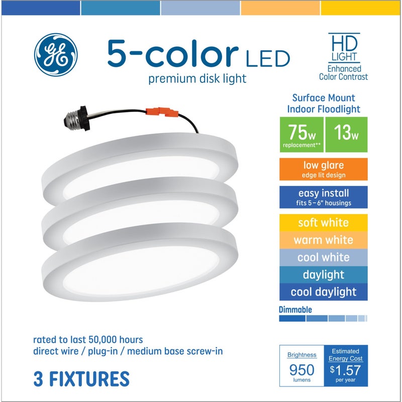 مصباح الفيض الداخلي LED GE بقدرة 15 واط 5 ألوان 3 عبوات