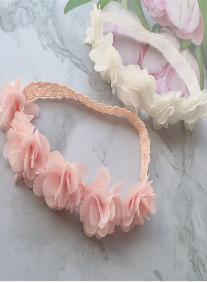 Jilukibo Baby Elastic Lace Bows Flower Headbands, Stretch Gold Princess Floral Hair Band Headwear for Infant Girls Toddler Hair Accessories (2 Pack, White Pink) - Image 1