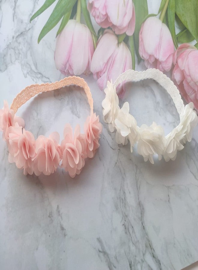 Jilukibo Baby Elastic Lace Bows Flower Headbands, Stretch Gold Princess Floral Hair Band Headwear for Infant Girls Toddler Hair Accessories (2 Pack, White Pink) - Image 5