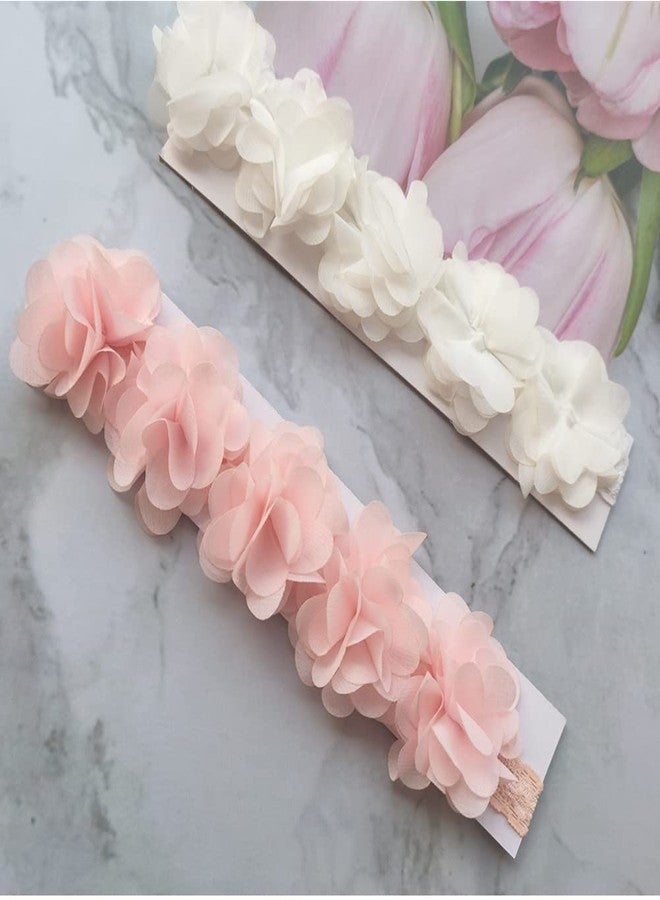 Jilukibo Baby Elastic Lace Bows Flower Headbands, Stretch Gold Princess Floral Hair Band Headwear for Infant Girls Toddler Hair Accessories (2 Pack, White Pink) - Image 3