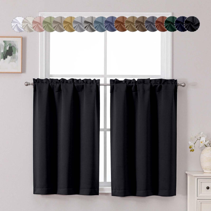 Chyhomenyc Short Black Out Curtains 36 Inch Length, Small Blackout Curtain Tier Thermal Insulated Half Window Curtains for Kitchen Basement Cabinet Camper RV Bunk, 2 PCS, Each 30" Wx36 L, Black - Image 1