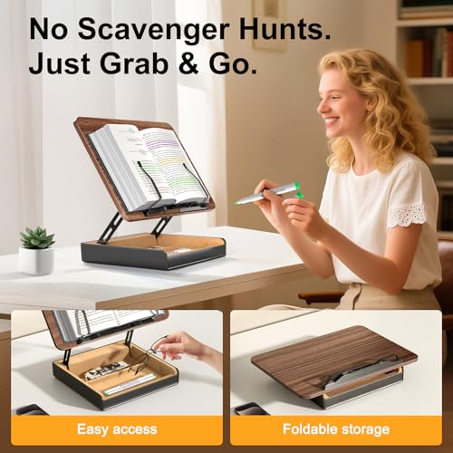 HUMANCOZY Book Stand with Storage, Book Holder for Reading Hands Free, Wooden Cookbook Stand for Kitchen Counter, Adjustable Reading Stand for Desk, Recipe Stand, Book Prop for Book Lovers - Image 4