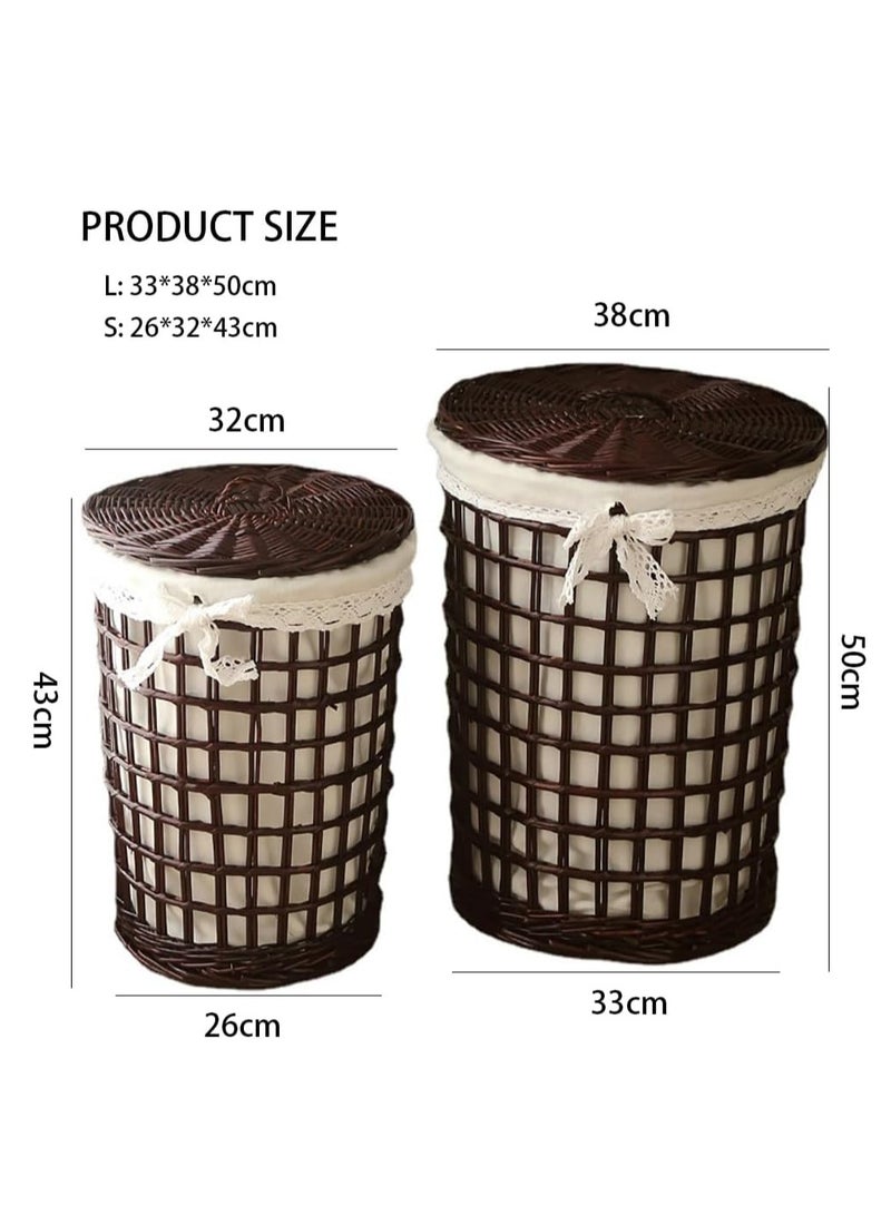 Rattan Laundry Basket Household Dirty Clothes Hamper Round Wicker Woven Storage Basket with Lining and Lid for Clothes, Toys & Sundries for Bedroom Bathroom Laundry Room and Balcony, 2pcs (B-Brown)  - Image 2