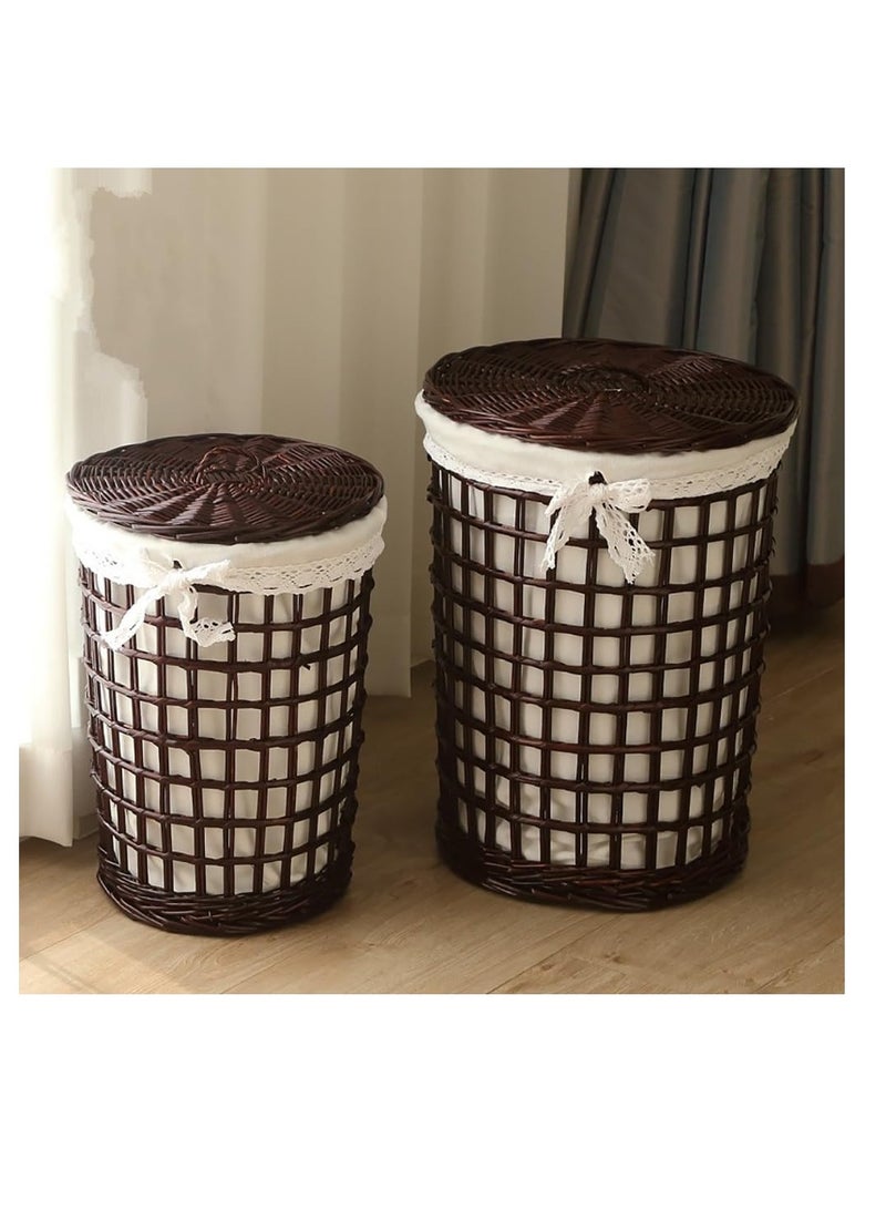 Rattan Laundry Basket Household Dirty Clothes Hamper Round Wicker Woven Storage Basket with Lining and Lid for Clothes, Toys & Sundries for Bedroom Bathroom Laundry Room and Balcony, 2pcs (B-Brown)  - Image 1