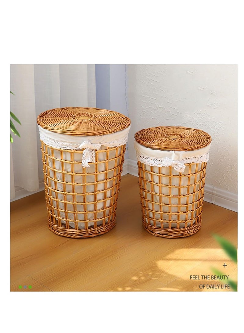 Rattan Laundry Basket Household Dirty Clothes Hamper Round Wicker Woven Storage Basket with Lining and Lid for Clothes, Toys & Sundries for Bedroom Bathroom Laundry Room and Balcony, 2pcs (B-Brown)  - Image 4