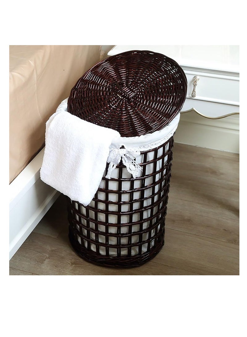 Rattan Laundry Basket Household Dirty Clothes Hamper Round Wicker Woven Storage Basket with Lining and Lid for Clothes, Toys & Sundries for Bedroom Bathroom Laundry Room and Balcony, 2pcs (B-Brown)  - Image 3