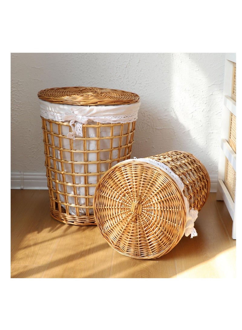 Rattan Laundry Basket Household Dirty Clothes Hamper Round Wicker Woven Storage Basket with Lining and Lid for Clothes, Toys & Sundries for Bedroom Bathroom Laundry Room and Balcony, 2pcs (B-Brown)  - Image 5