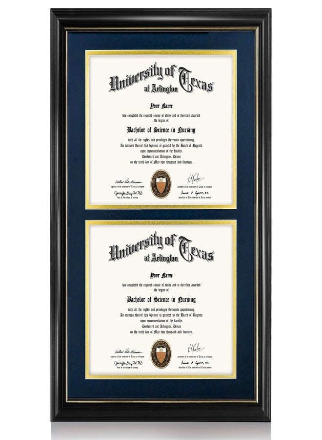 GraduationMall Double 8.5x11 Diploma Frame,Solid Wood & UV Protection Acrylic,Black Finish with Gold Trim,Navy Blue & Gold Mat - Image 1