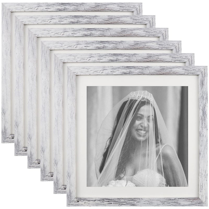 TOFOREVO 10x10 Square Picture Frames Set of 6 Distressed White Wood Grain Photo Frame for Gallery Wall Mounting or Tabletop Display