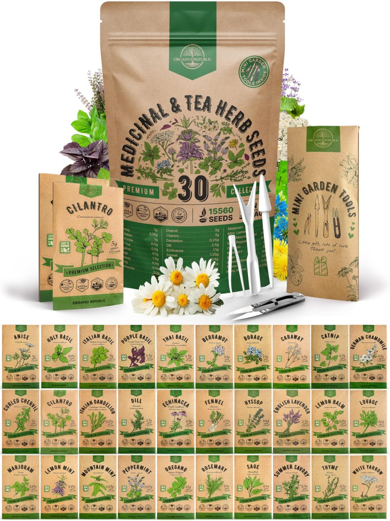 Organo Republic 30 Medicinal & Tea Herb Seeds Variety Pack 15,560+ Non-GMO Heirloom Garden Seeds for Indoor & Outdoors, Including Anise, Bergamot, Borage, Cilantro, Chamomile, Dandelion Seeds - Image 1