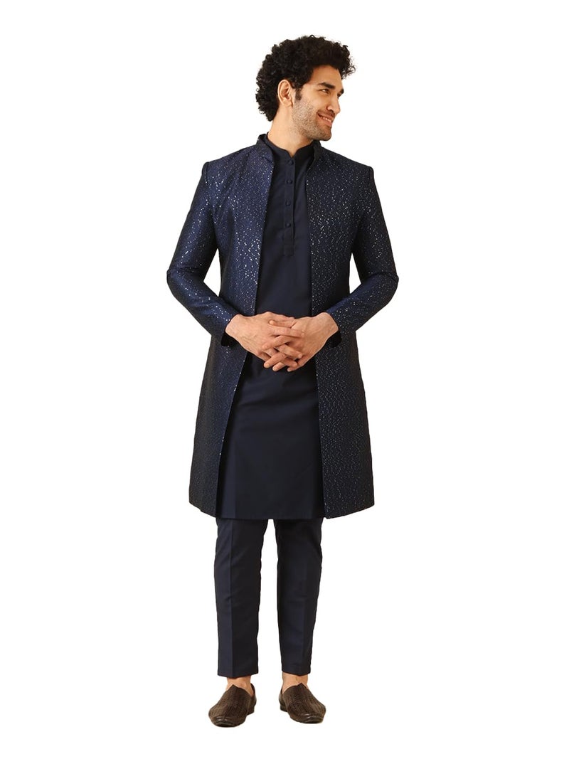 KISAH Sherwani Set for Men – Jacquard Woven Design Indo Western Sherwani with Kurta and Trouser | Designer Ethnic Outfit for Weddings & Festivals, Navy Blue, 40 - Image 1