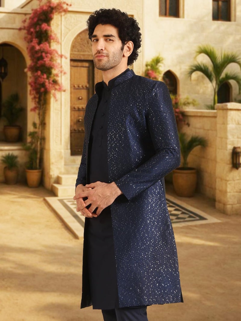 KISAH Sherwani Set for Men – Jacquard Woven Design Indo Western Sherwani with Kurta and Trouser | Designer Ethnic Outfit for Weddings & Festivals, Navy Blue, 40 - Image 5