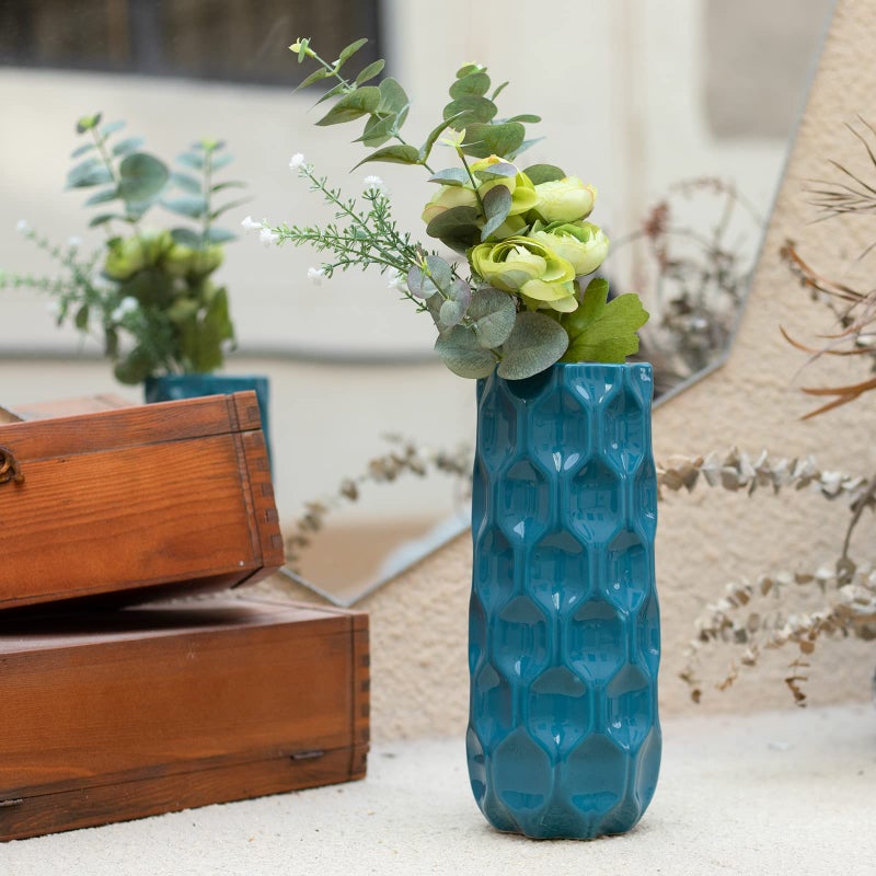 Bdor Ceramic Vase, 11in Flower Vase, Blue Honeycomb Vase for Room Decor, Modern Farmhouse Home DÃ©Cor Accents, Living Room Decor, Book Shelf, Mantel and Minimalism Dining Coffee Table Decor. - Image 2