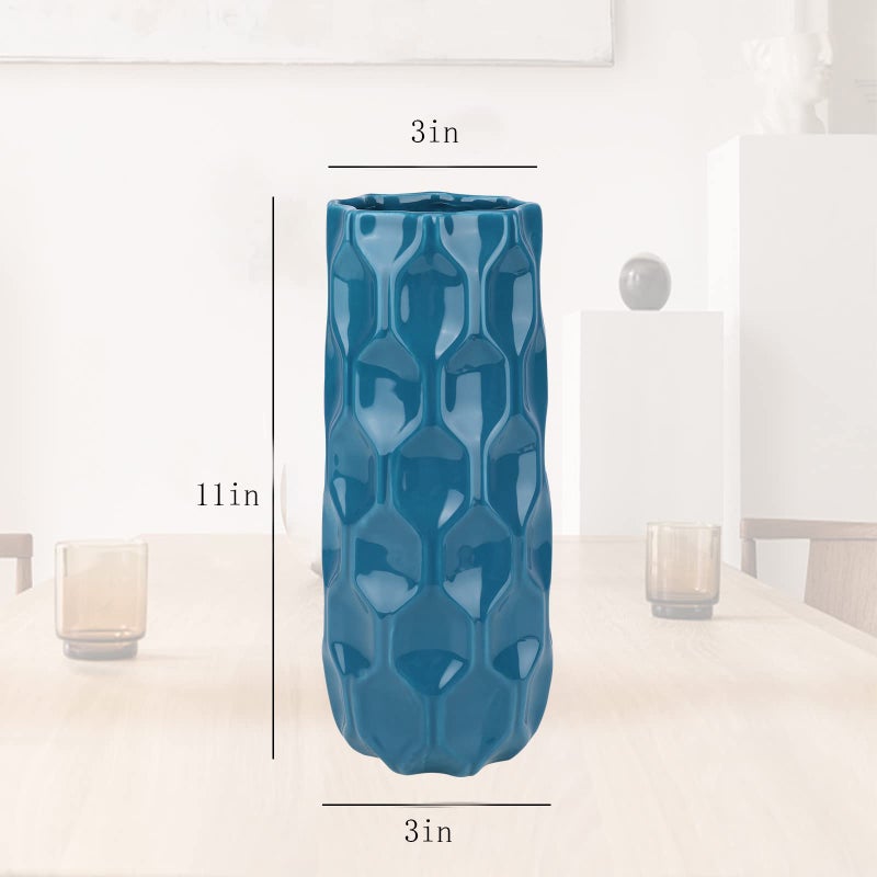 Bdor Ceramic Vase, 11in Flower Vase, Blue Honeycomb Vase for Room Decor, Modern Farmhouse Home DÃ©Cor Accents, Living Room Decor, Book Shelf, Mantel and Minimalism Dining Coffee Table Decor. - Image 4