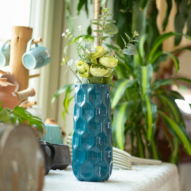 Bdor Ceramic Vase, 11in Flower Vase, Blue Honeycomb Vase for Room Decor, Modern Farmhouse Home DÃ©Cor Accents, Living Room Decor, Book Shelf, Mantel and Minimalism Dining Coffee Table Decor. - Image 3