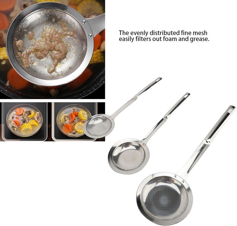 3pcs Skimmer Spoons, Stainless Steel Fine Mesh Strainers, 304 Food Grade Foam and Grease Separator for Soup Stews Hot Pot, with Ergonomic Handle for Kitchen Cooking - Image 2