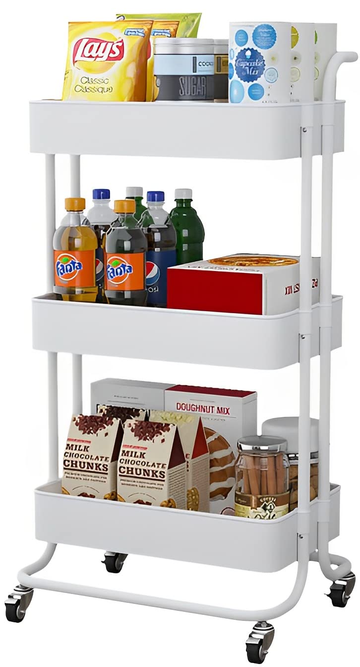 Sooyee 3 Tier Utility CartRolling Cart with Handle and Lockable Wheels MultiFunctional Storage Cart for Office SchoolLiving Room Kitchen Bathroom BedroomLaundry White