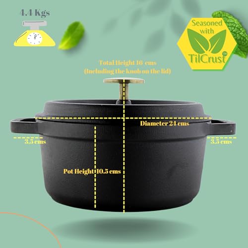 Trilonium Cast Iron Dutch Oven Pot | Casserole | Biryani Pot | Cooking Pot | Pre-Seasoned | 24cm | 3.5 Litres | 4.4 Kgs - Image 2
